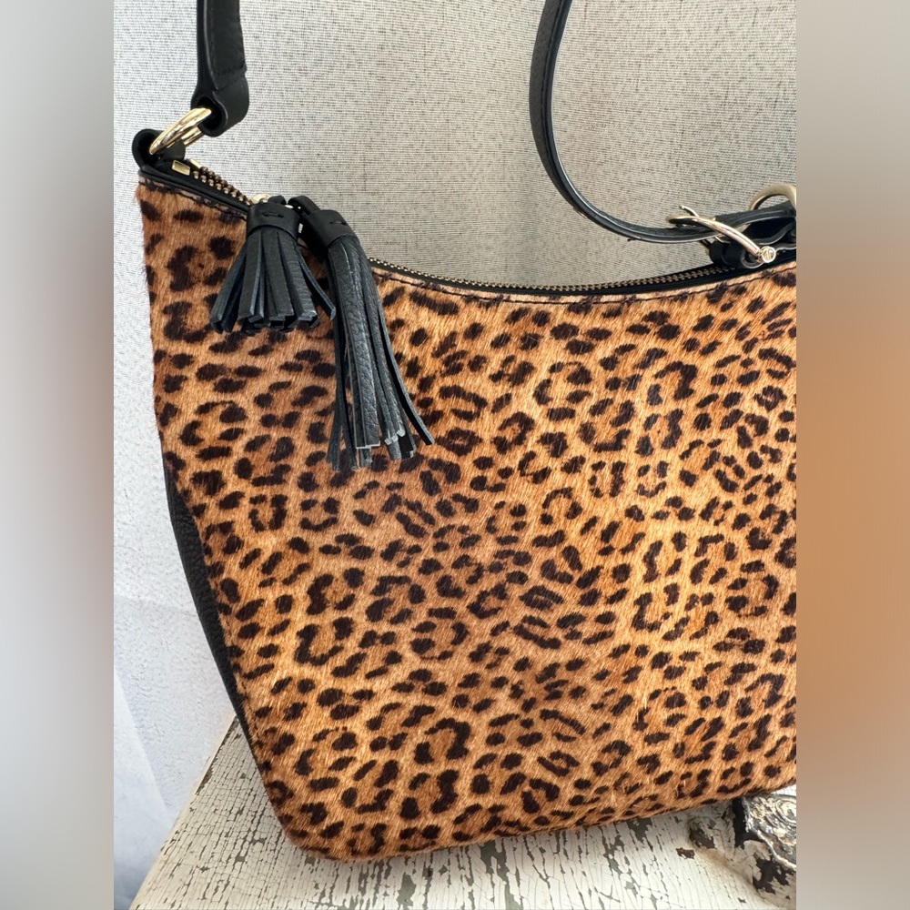 Talbots faux leopard fur and leather shoulder bag
